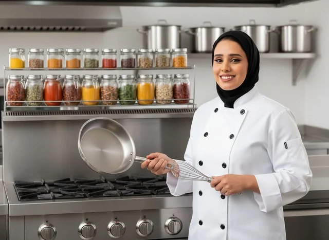 Saudi Woman Chef in Professional Commercial Kitchen