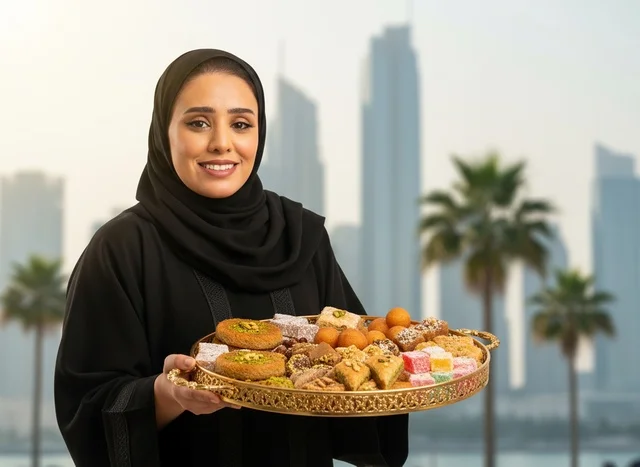 Emirati Woman with Traditional Arabic Sweets in Dubai