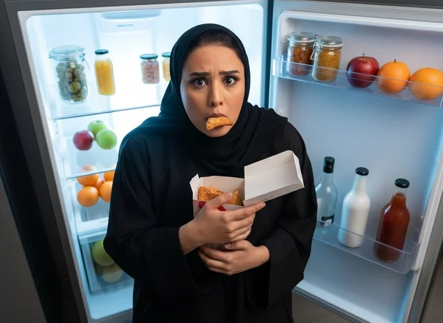 Arab Woman Eating Fried Chicken at Fridge at Night