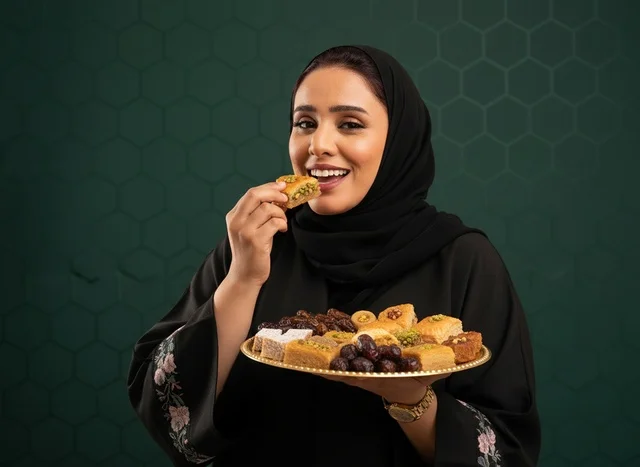 Saudi Woman with Arabic Sweets and Dates in Abaya
