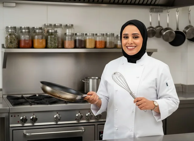 Saudi Female Chef in Professional Kitchen with Tools