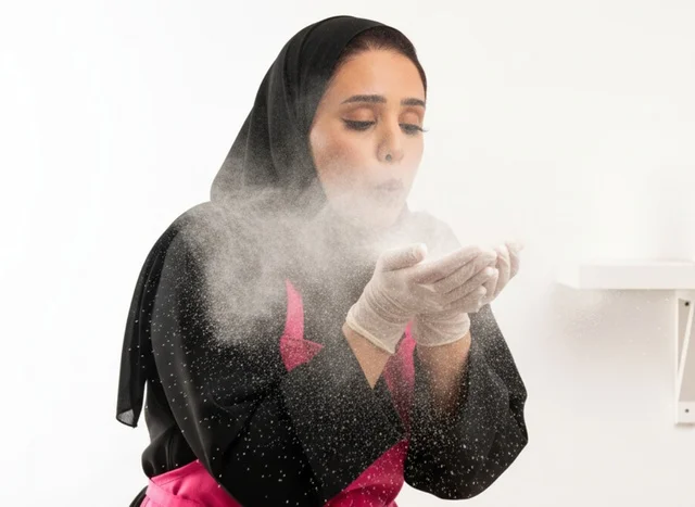 خبازة سعودية تنفخ الطحين الأبيض في استوديو