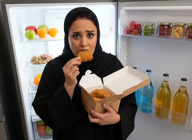 امرأة سعودية بالعباءة تأكل الدجاج المقلي أمام الثلاجة