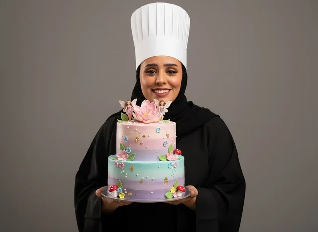 Saudi Female Pastry Chef Holding Decorated Cake