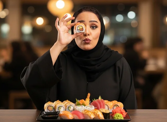 امرأة سعودية بالعباءة تتناول السوشي في مطعم امرأة سعودية بالعباءة تتناول السوشي في مطعم