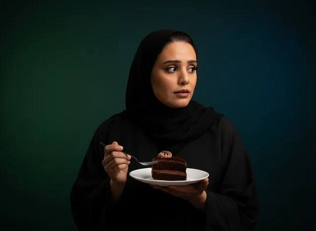 امرأة سعودية بالعباءة تحمل كعكة الشوكولاتة
