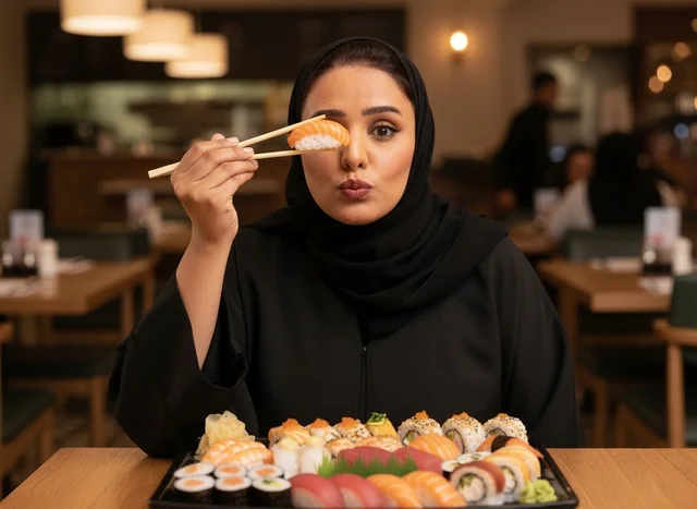امرأة إماراتية بالعباءة تتناول السوشي في مطعم