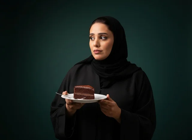 Emirati Woman in Abaya Holding Chocolate Cake Slice Emirati Woman in Abaya Holding Chocolate Cake Slice