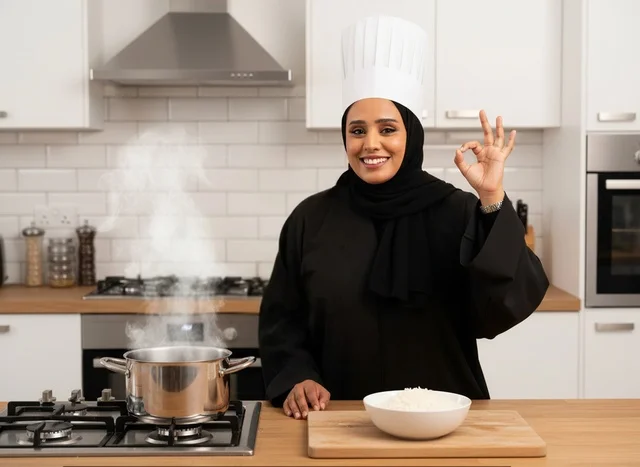 Saudi Female Chef in Black Abaya Cooking in Kitchen