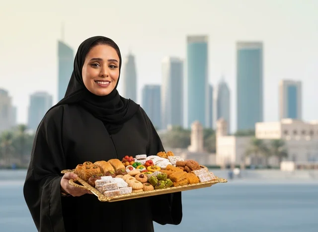 امرأة إماراتية تحمل صينية حلويات عربية أمام أفق المدينة
