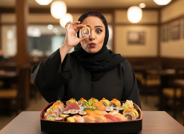 Saudi Woman in Abaya Eating Sushi in Restaurant