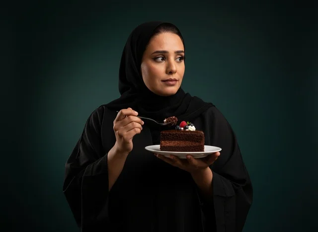 Emirati Woman in Abaya with Chocolate Cake Slice