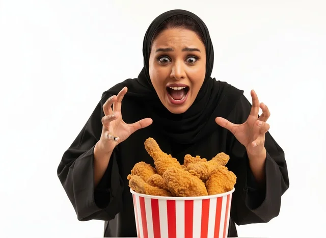 امرأة سعودية مع دلو دجاج مقلي بخلفية بيضاء