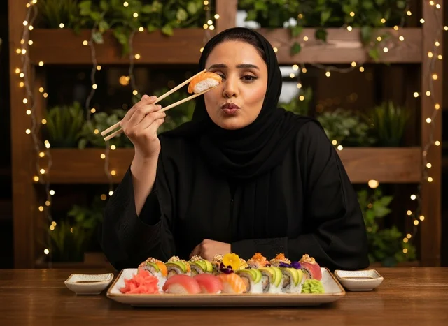 امرأة سعودية بالعباءة تتناول السوشي في مطعم