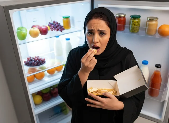 امرأة عربية بالعباءة التقليدية تأكل أمام الثلاجة المفتوحة