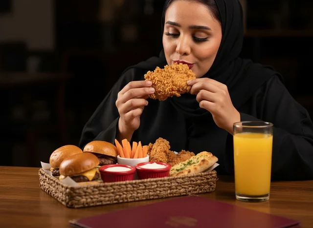 امرأة سعودية تتناول الدجاج المقلي المقرمش داخل مطعم