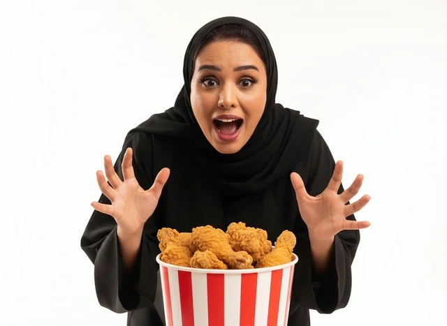 امرأة سعودية بالعباءة مع دلو دجاج مقلي
