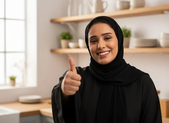 امرأة إماراتية بالعباءة تبتسم وتعطي علامة الإبهام في المطبخ