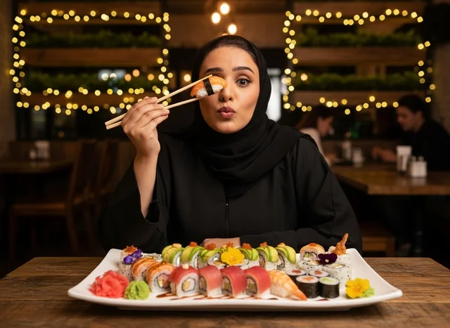 امرأة إماراتية بالعباءة تتناول السوشي في مطعم امرأة إماراتية بالعباءة تتناول السوشي في مطعم