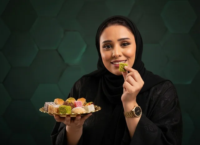 Saudi Woman in Abaya Holding Arabic Sweets Plate