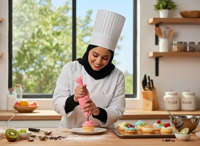 طاهية عربية تزين الكب كيك في مطبخ مشرق