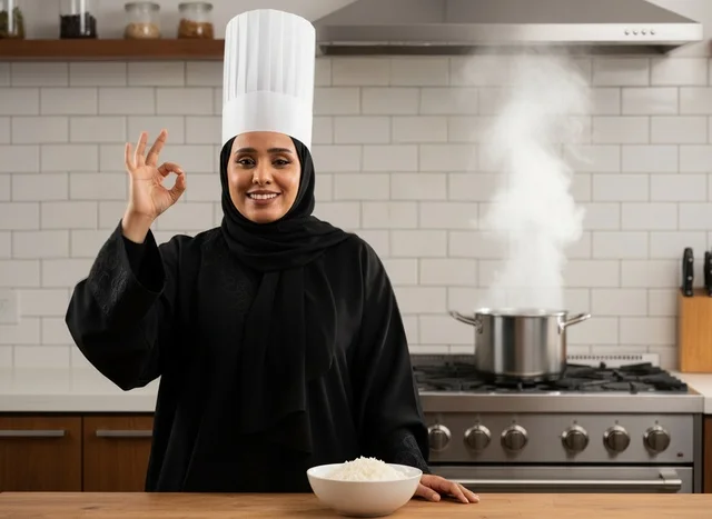 Saudi Female Chef in Kitchen with OK Sign
