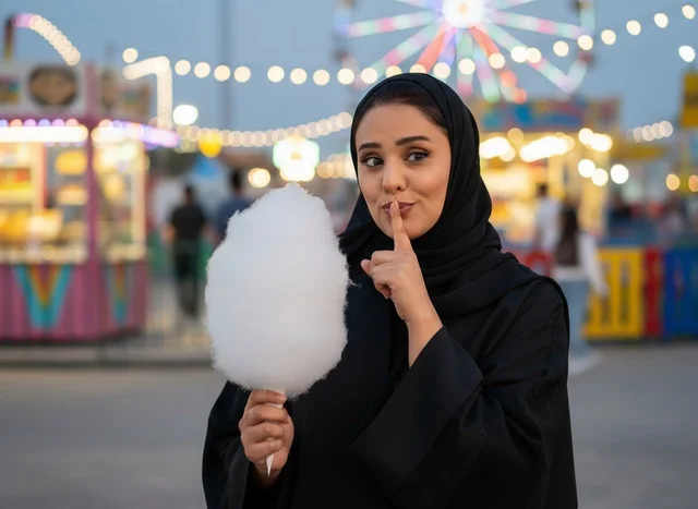 Arab Woman in Abaya with Cotton Candy at Amusement Park