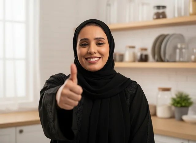 امرأة عربية ترتدي العباءة السوداء تبتسم في المطبخ