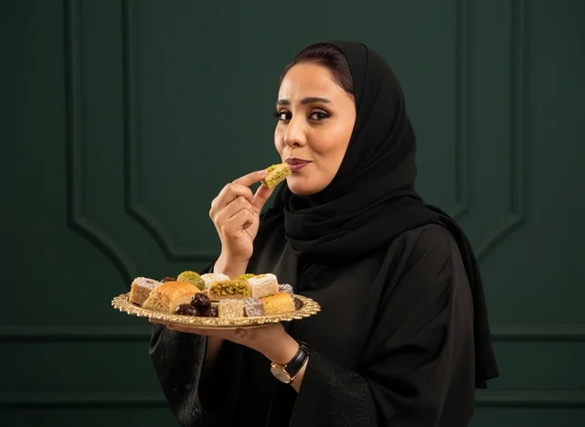 Saudi Woman in Abaya Eating Arabic Oriental Sweets Saudi Woman in Abaya Eating Arabic Oriental Sweets