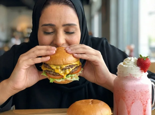 امرأة سعودية بالعباءة تتناول البرجر مع ميلك شيك