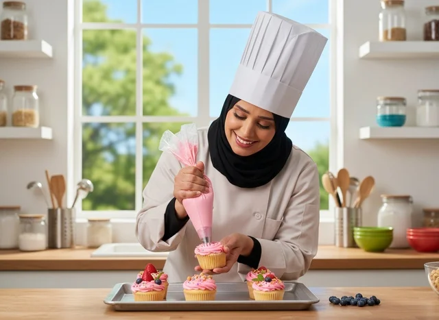 طاهية عربية تزين الكب كيك في مطبخ مشرق
