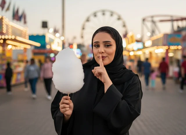 Saudi Woman with Cotton Candy at Amusement Park