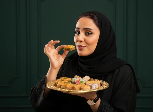 Saudi Woman Holding Traditional Arabic Sweets Tray