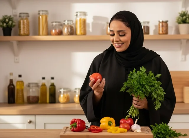 امرأة إماراتية بالعباءة تحضر الخضروات الطازجة في المطبخ
