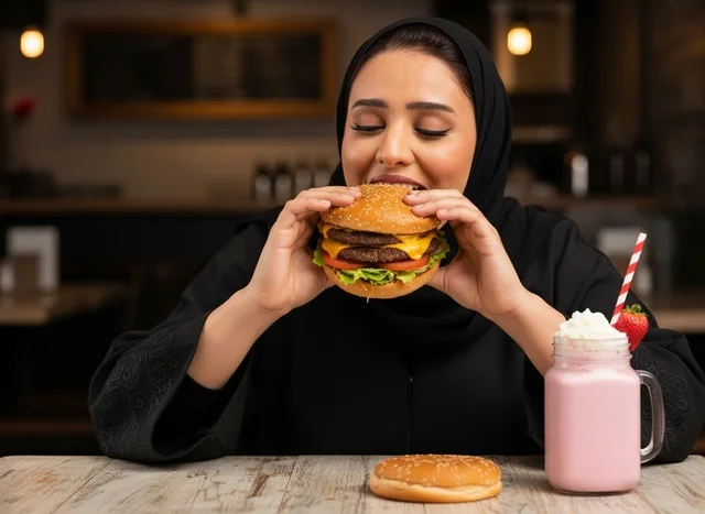 Emirati Woman Eating Double Beef Burger in Restaurant