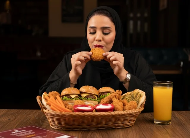 Saudi Woman in Abaya Eating Fast Food at Restaurant Saudi Woman in Abaya Eating Fast Food at Restaurant