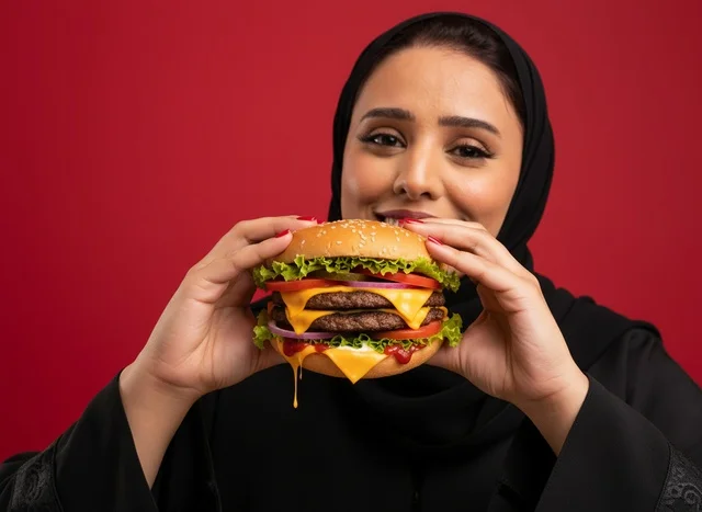 امرأة عربية تمسك برجر مزدوج أمام خلفية حمراء