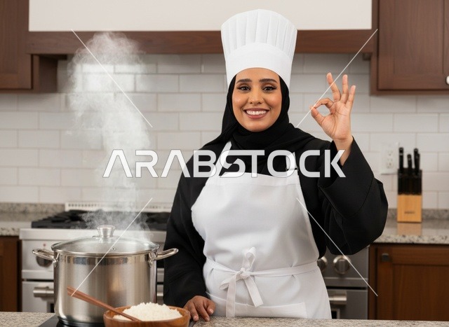 طاهية سعودية في المطبخ مع وعاء طهي ساخن