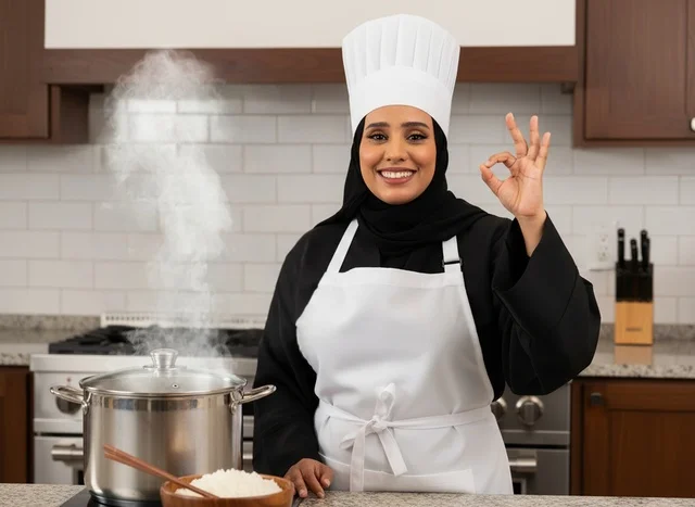 طاهية سعودية في المطبخ مع وعاء طهي ساخن