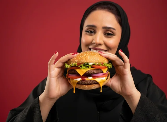 Saudi Woman in Abaya Holding Large Double Cheeseburger
