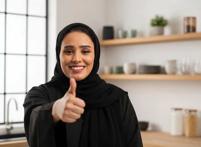 Emirati Woman in Abaya Giving Thumbs Up in Kitchen