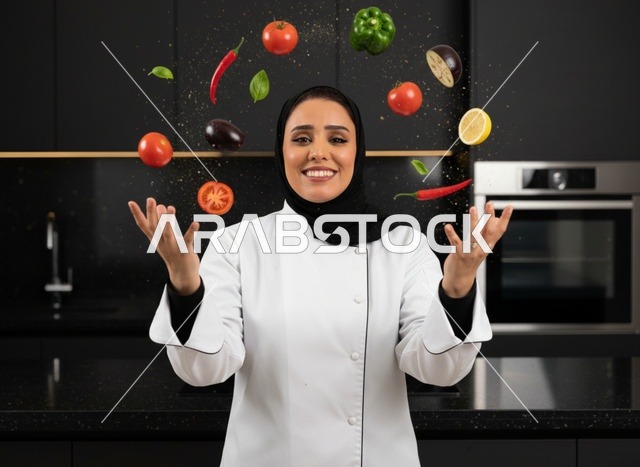 شيف سعودية مع خضروات طائرة في مطبخ عصري