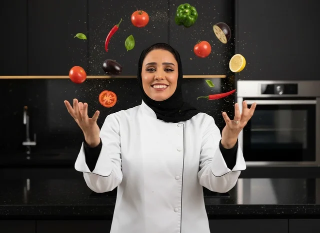 Saudi Female Chef with Flying Vegetables in Modern Kitchen