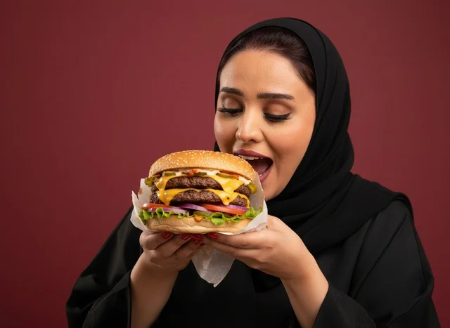 Saudi Woman Eating Double Cheeseburger Studio Shot