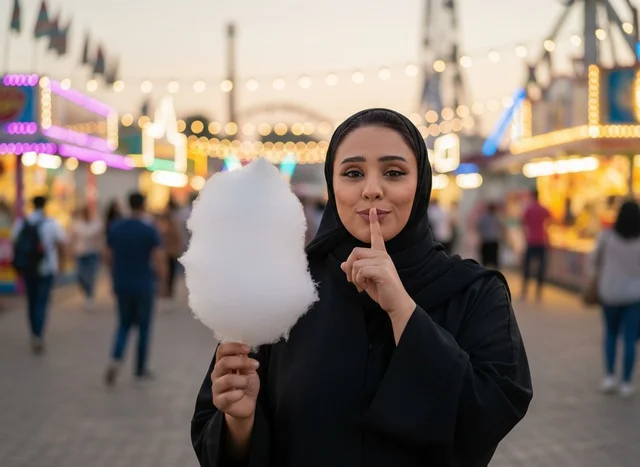 Emirati Woman with Cotton Candy at Carnival Evening