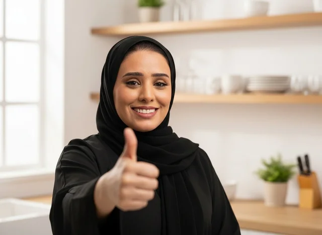 Arab Woman in Kitchen Giving Thumbs Up Sign