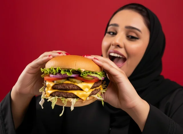 Saudi Woman Eating Double Beef Burger on Red Background
