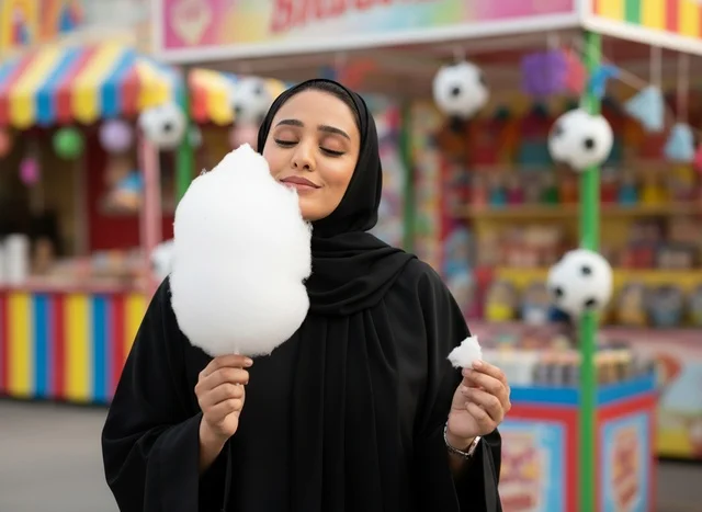 Emirati Woman in Abaya with Cotton Candy at Carnival