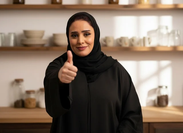 امرأة سعودية بالعباءة تشير بعلامة الإعجاب في المطبخ