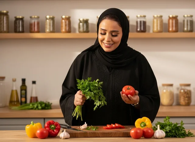 امرأة سعودية بالعباءة تحضر الخضروات الطازجة في المطبخ